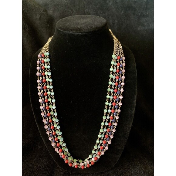 Talbots Signed Multi Strand Necklace with Cats Eye Beads Pink Green Red Blue - Picture 2 of 8
